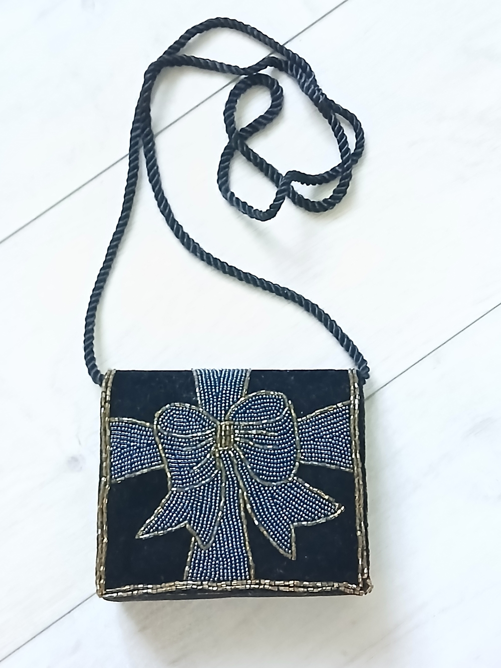 Vintage black velvet beaded clutch/ bag, bow, 5x6, with strap, mint